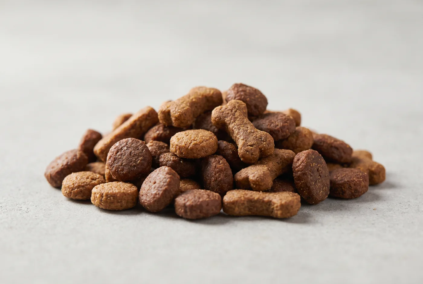 Dry pet food kibble in round and bone shapes