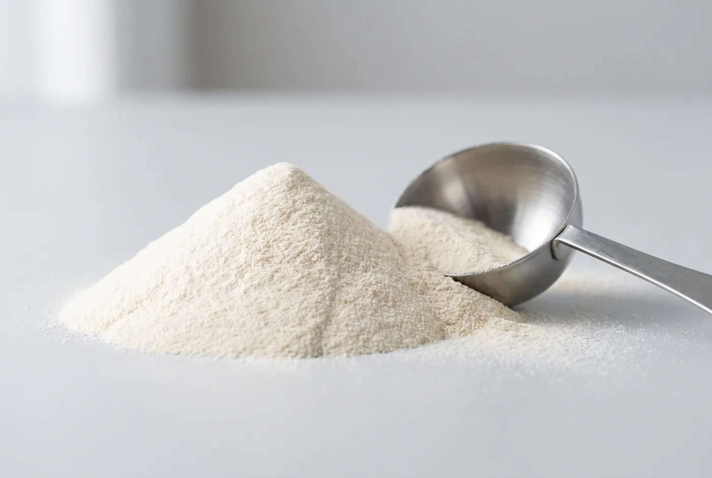 Fine cream-coloured vitamin premix powder with a stainless scoop